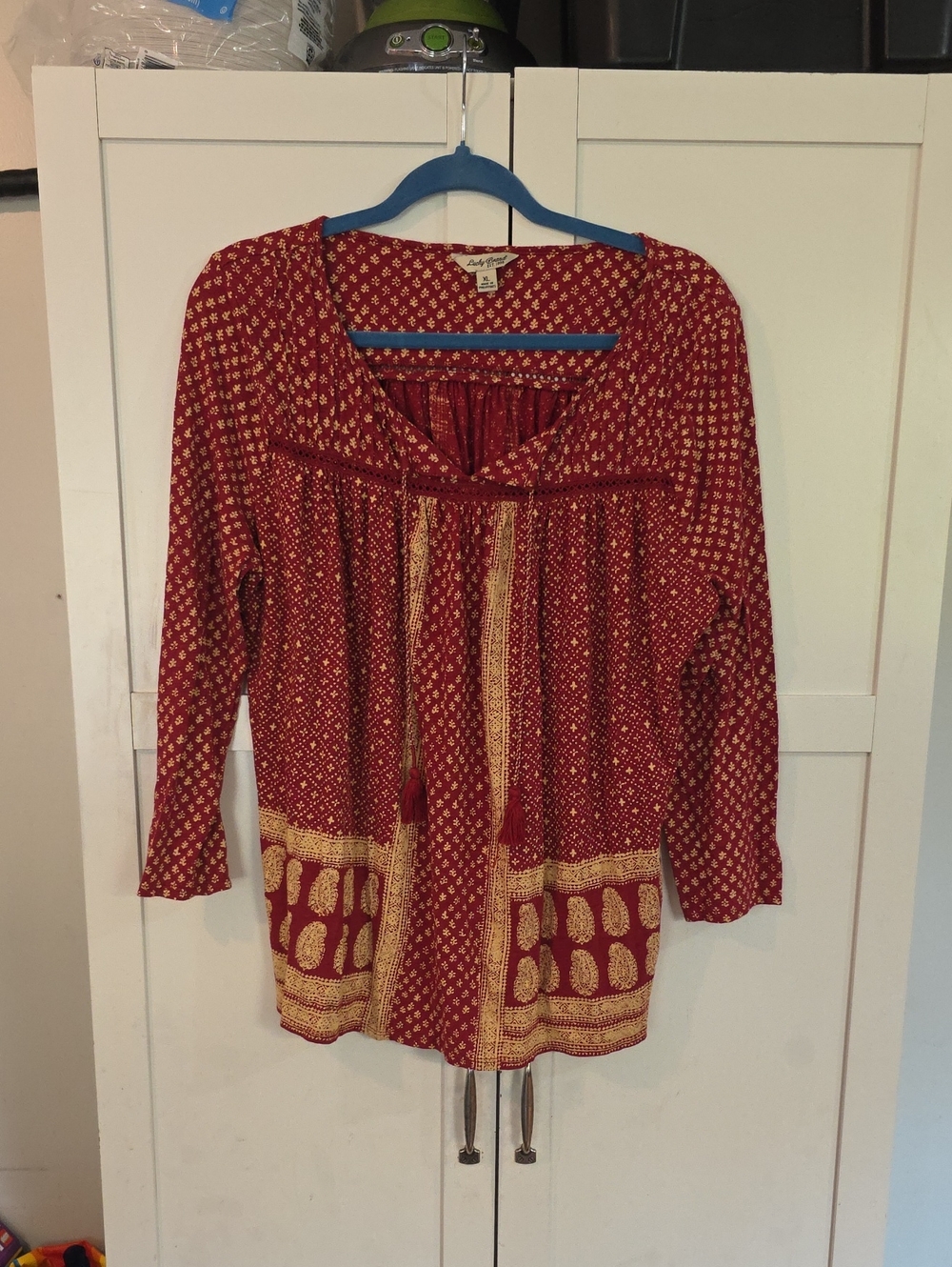 Lucky Brand Red and Cream Printed Peasant Tunic